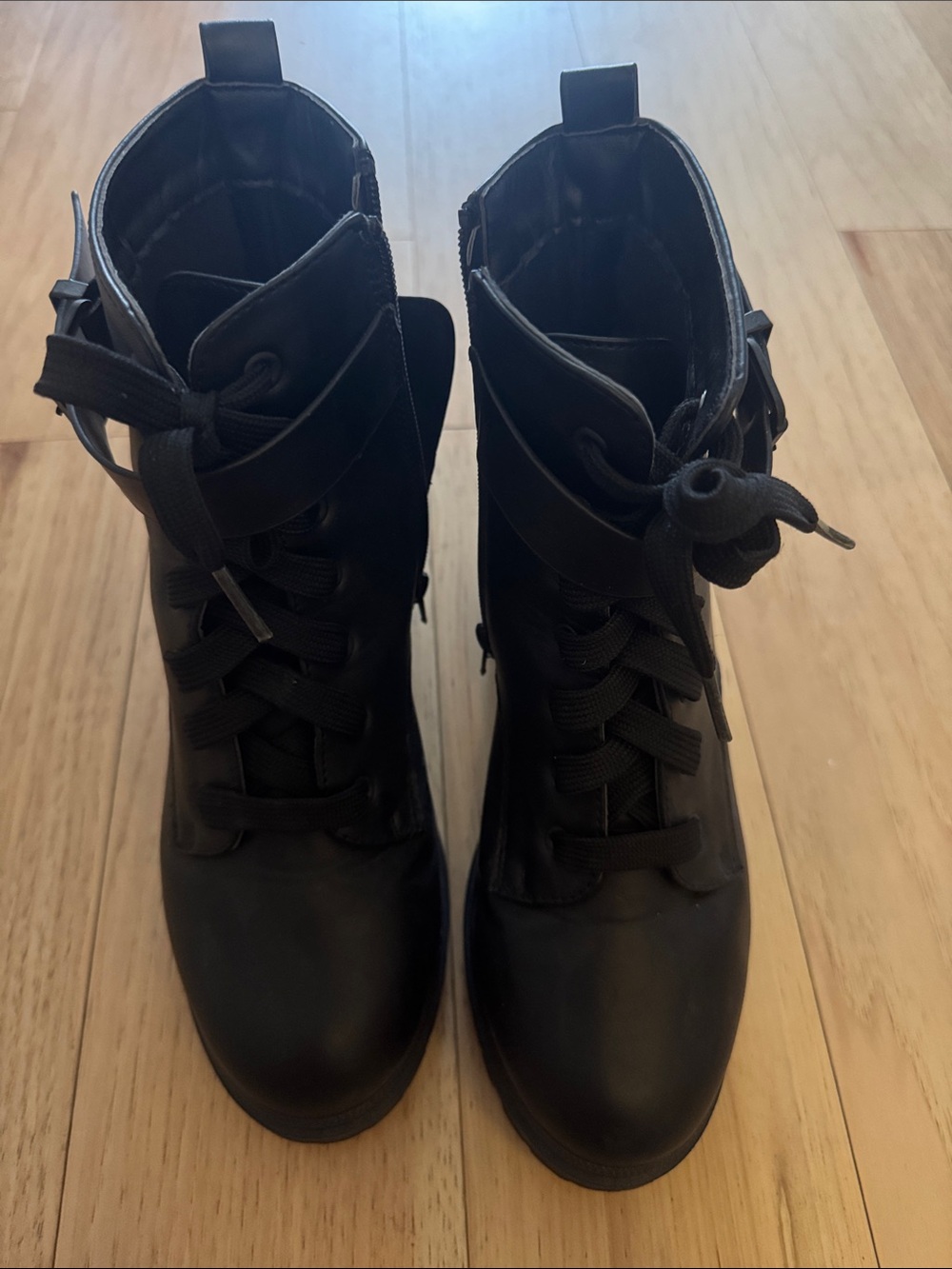 Women's Black Lace-Up Ankle Boots with Buckle Strap